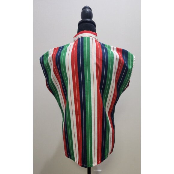 Vintage 1970s Red Green Blue White Sleeveless Bow Neck Blouse 70s Judy Bond CUTE - Picture 5 of 6